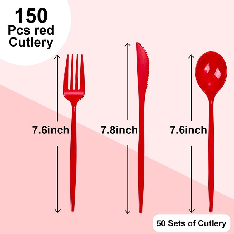 PULOTE 150PCS Red Plastic Silverware Set - Heavy Duty Plastic Cutlery - Red Utensils Disposable Include 50 Forks, 50 Spoons, 50 Knives for Party & Valentines Day - Image 2